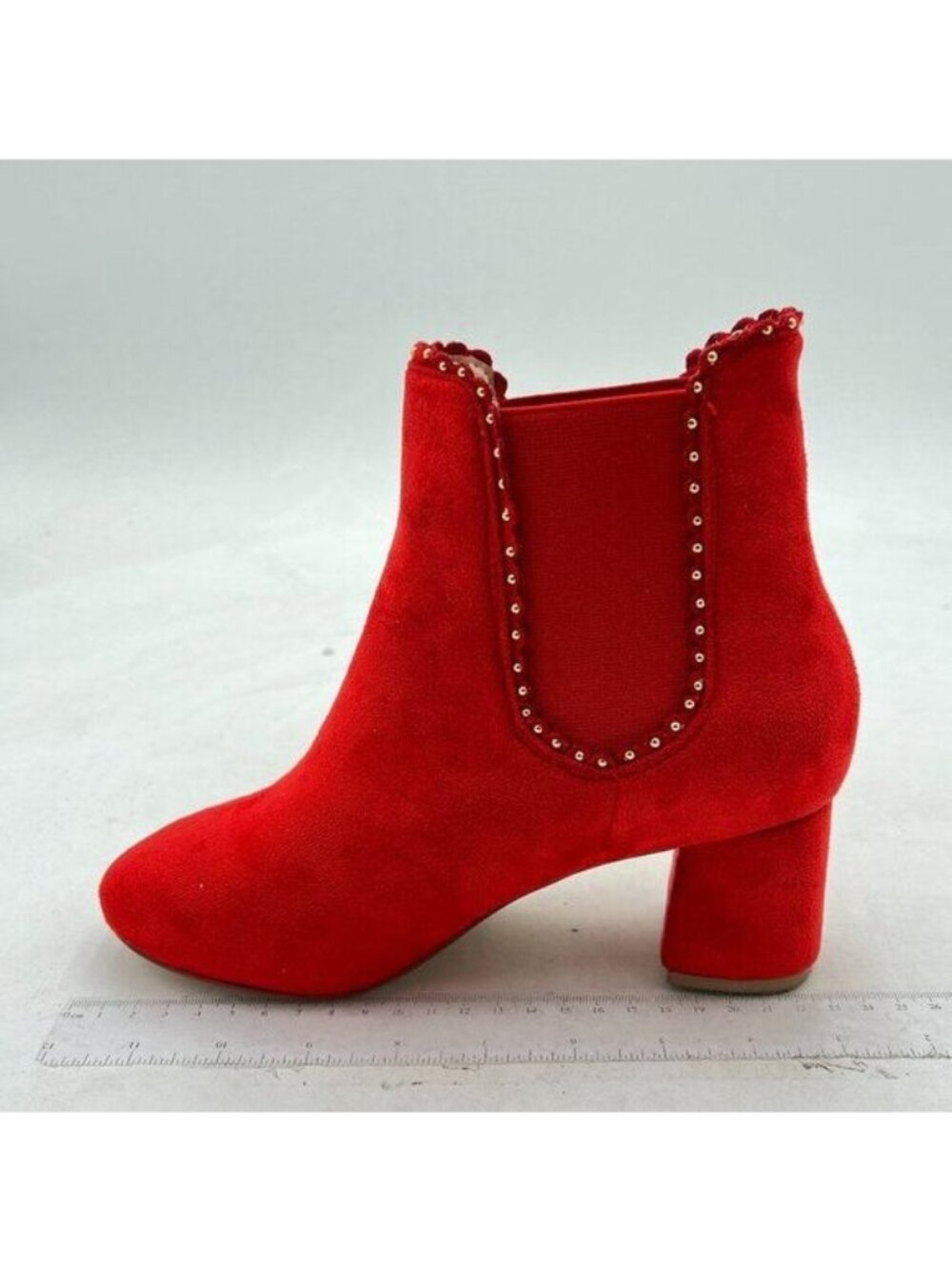 Red  Low Chunky Heel Ankle Boots Closed Pointy Toe Pull On Studded Winter Shoes
